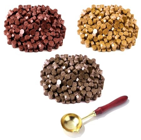 Scentoria Siegelwachs Set, Kerzenwachs, Stempel Personalisiert, Königliches Gold, funkelndes Burgunderrot, Bronze, Siegelwachs Perlen mit 1 Schmelzlöffel für Einladungen, Umschläge, Karten