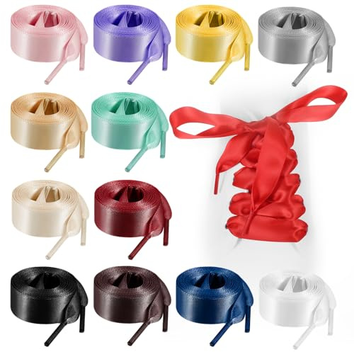 Prasacco 12 paia di lacci in raso, larghezza 2 cm, per scarpe da ginnastica, scarpe da skate, stivali, scarpe sportive, ballerine, nastro piatto di seta