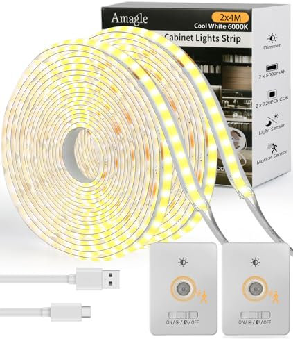 Luces Led Sensor de Movimiento, 2 Piezas 4 Metros Tira Luces COB Leds para Cuarto Cocina Habitacion Pilas 5000 mAh, Luz Tiras Luce LED para Uso Debajo Del Armario con Sensor de Movimiento 300lm