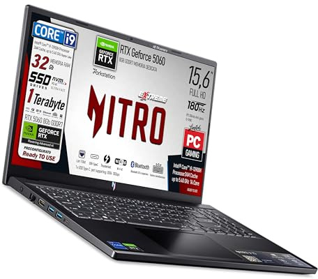 Acer Notebook Gaming, Intel Core i9-13900H, NVIDIA GeForce RTX 5060 8GB GDDR7, RAM 32Gb, SSD 1Tb, 15.6 FHD IPS 180Hz, Wi-Fi 6e, Lan, Thunderbolt, USB-C, Win 11Pro, ready to use