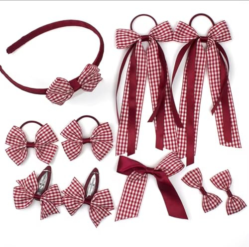 Back to School Hair Bows/Clips/Hairband/Gingham Burgundy & White. New 10 Piece Hair Clip/Bow and Hairband Set. Perfect for Starting School. Girls/New/Accessories/Checked Pattern