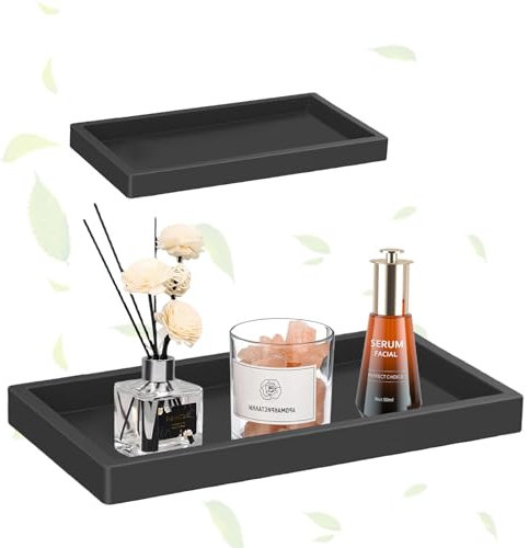 Zyiphor 2 Piezas Bandeja Baño Negro Bandejas Decorativas para Baño Bandeja de Baño de Silicona Bandeja Almacenamiento Baño Bandeja Negra para Baño, Velas, Toalla, Joyas