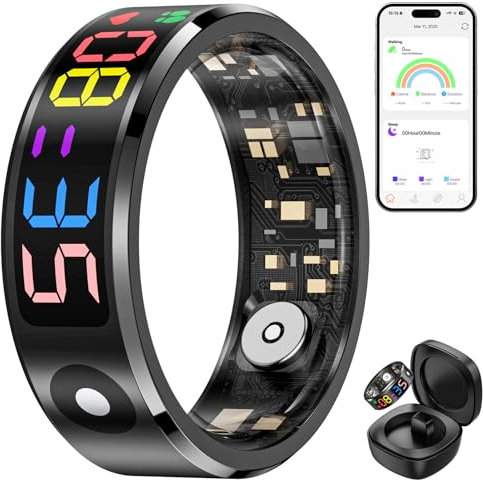 Haulvean Multifunktionaler Smart Ring mit Display - Herzraten & Schlafüberwachung, 5ATM Wasserdicht, Langzeitbatterie, Android & iOS kompatibel Gesundheit Tracker