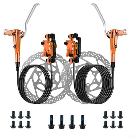 Feeshoppher Hydraulic Bike Brakes Set 2-Piston Mountain Bike Hydraulic Disc Brake Set Bicycle Disc Brake Sets with Front 800mm Rear 1400mm Hose Aluminum Alloy Brake Caliper Kit(Orange)