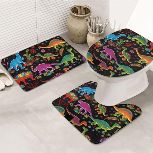 3 Piece Bath Mat Set Cartoon Dinosaur U Shape Wc Toilet Rug Cozy Decorations Contour Rug Set, For Bedroom, Floor Tub, Outdoor