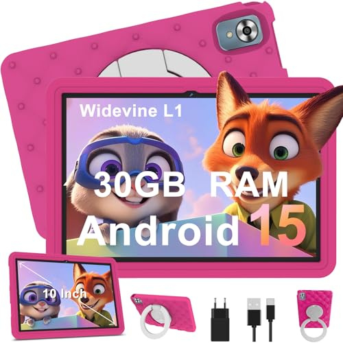 Tablette Enfants 10 Pouces Android 15 avec 30Go RAM (TF 2To), 5G WI-FI 6, Widevine L1, Contr ô le Parental, 8-Core, Tablette Tactile avec Coque Antichoc EVA + Support Rotatif à 360°, Rose Rouge