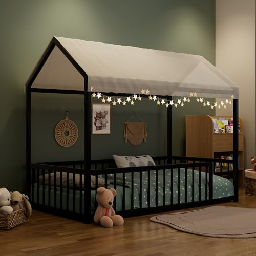 Harper & Bright Designs Floor Bed with High Fence, Metal Montessori Bed with Roof and No Slats for Kids Boys Girls, Can DIY Design, Black(Twin)