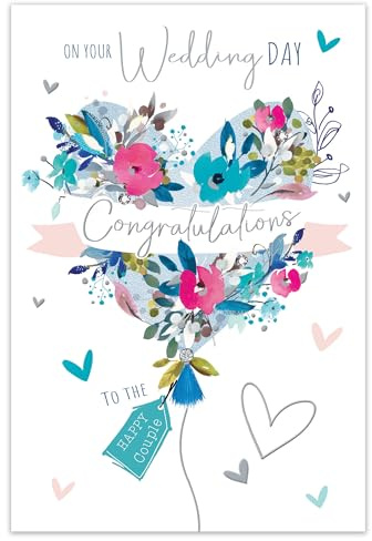 Jonny Javelin Wedding Day Card for Happy Couple - Pretty Flowers & Love Hearts Design - Embossed Foil Finish - Premium Greeting Card with Envelope