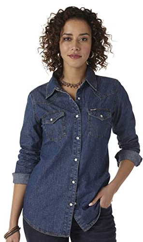 Wrangler Damen Langärmeliges Western Druckknöpfen Hemd, Dunkles Denim, Mittel