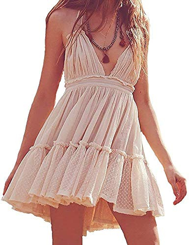 ForeMode Summer Deep V Neck Bohemian Women Mini Short Dress Backless Beach Boho Dress(Beige3, Small)