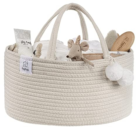 fephas Baby Diaper Caddy Organizer- Off White Rope Nursery Storage Bin- Portable Diaper Storage Basket for Changing Table and Car- Perfect Baby Shower & Registry Gift