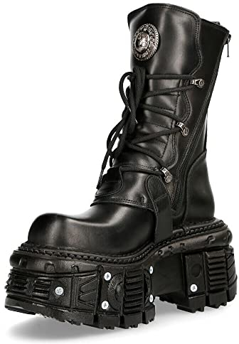 New Rock Botas Unisex TANK373-S1 de Cuero Negro con Plataforma de Combate Estilo Motociclista Metal Gótico 9