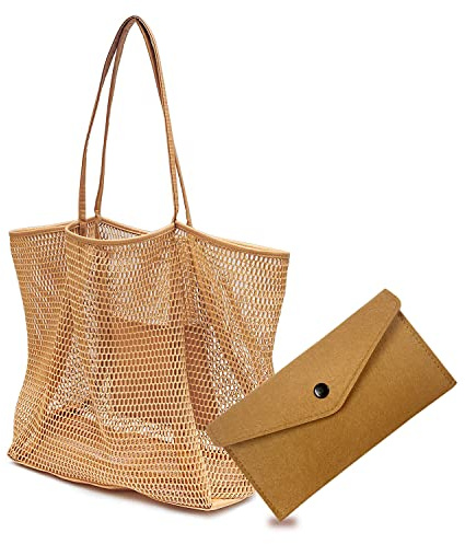 1 st strandnät tygväska, med 1 st filtplånboksväska, återanvändbar shoppingväska, organisatör, vikbar stor kapacitet nätaxelväska, sommar strandväska, perfekt för strandfest, resor, picknick,