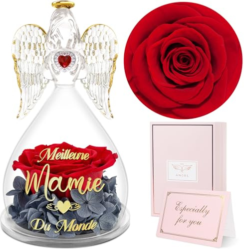 Sunia Cadeau Fete des Grand Mere, Cadeau Mamie Ange Rose Eternelle avec l'inscription Meilleure Mamie du Monde, Fleur Eternelle avec Ange Figurine, Cadeaux pour Grand Meres, Cadeau Anniversaire Mamie