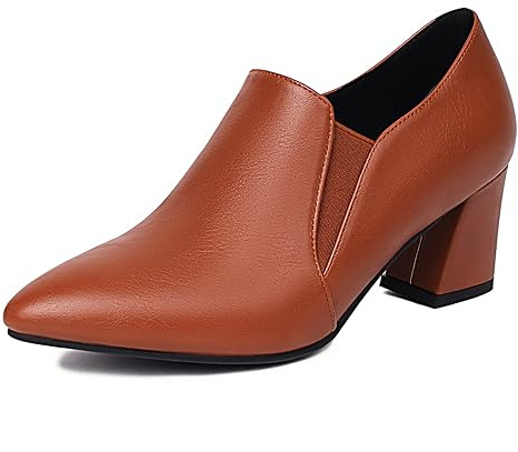 Lizoleor Mocassini Donna Tacco Largo Grosso Alto Decollete Punta Senza Chiusura Business Vestito Eleganti Work Cerimonia Scarpe Marrone Numero 39 EU/40CN