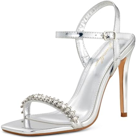 GENSHUO Sandali da donna con punta aperta quadrata e cinturino con tacco a spillo Sandali sexy per feste da matrimonio, Argento con diamanti, 42 EU