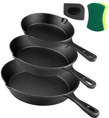 Goeszooin Cast Iron Skillet Set -3 Piece 6 inch, 8 inch and 10 inch Cast Iron Pan, with Scraper+Dish Sponge - Oven Grill Stovetop Safe Cookware - Black