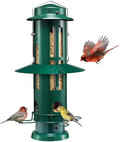 Kingsyard Squirrel Proof Bird Feeders with Weight-Activated Perches, Metal Wild Bird Feeder for Outdoors Hanging, 3 lb Large Seed Capacity, Green