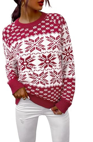 Demegimi Jersey Navideño para Mujer Suéter de Navidad para Invierno Manga Larga Suéter de Navidad Redondo Pullover de Punto de Navidad Christmas Sweater