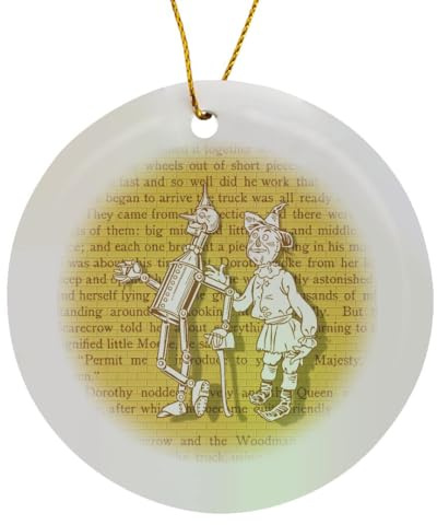 3dRose Scarecrow and Tin Woodman Over Yellow Brick Road Pattern and Book Text Circle Porcelain Ornament