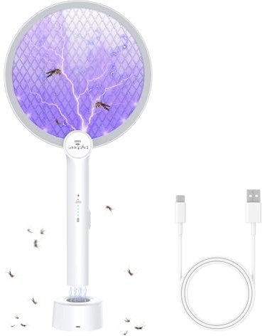 GooQand 4000V Raquette Electrique Insectes, Raquette Moustique Electrique avec Base de Recharge pour Intérieur et l'Extérieur, USB Double Couche de Protection Efficace Contre Les Moustiques(1PC)