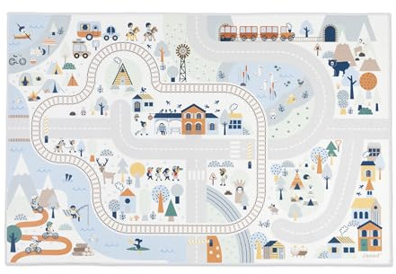 Janod - Teppich Auto Kinder - Thema Berge Winter - Weich & rutschfest - Motiv Sport & Tal - Spielteppich Zimmer Mädchen & Jungen - 120 x 78cm - Handwaschbar - Ab 2 Jahre - J05940