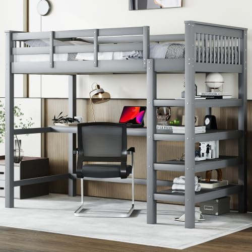 YuQozii Cama alta 90 x 200, cama alta para niños con estantes y escritorio bajo la cama, sin colchón, gris