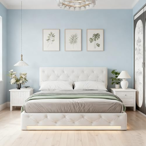 BRYXR Cama de almacenamiento hidráulico de 160 x 200 cm, cama con cajón y somier, cama doble con espacio de almacenamiento, cama LED con cabecero, sin colchón, elegante y funcional para tu dormitorio