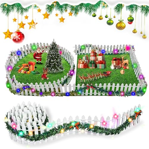 Aohcae Accessoire de lutin de Noël - 100 cm x 5 cm - Clôture miniature en bois blanc - Accessoire de lutin miniature avec lumière colorée pour miniature fée, jardin, modélisme, pot de fleurs