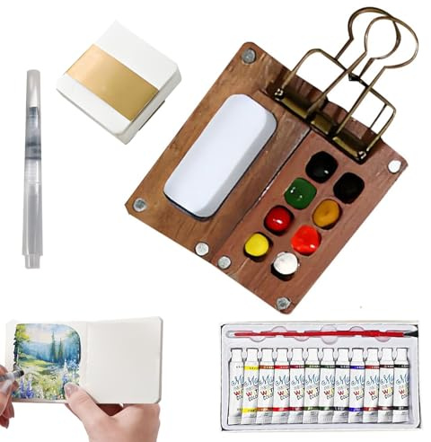 kyno Tobios Mini Watercolour Paint Set, 15 Grids Travel Kit with Foldable Wooden Palette, Sketchbook, Brush, 5 Pieces(Walnut-8 Grids)