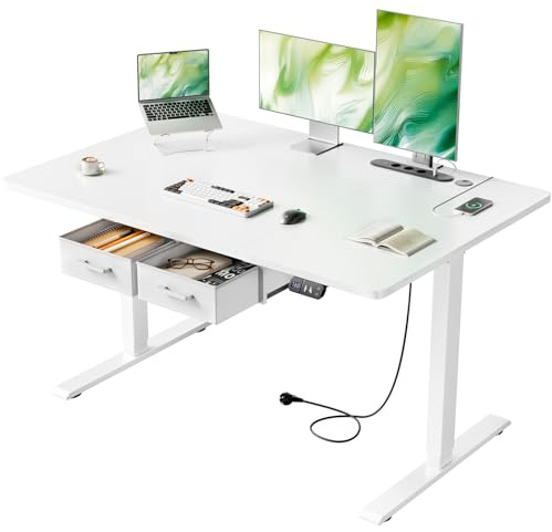 SOLAVERO Scrivania Regolabile in Altezza, 120 x 80 cm Scrivania Motorizzata con Presa, Porta USB-C, 2 Cassetti Rimovibili, Controlli Memoria e Sistema Anti-Collisio, Standing Desk Bianco