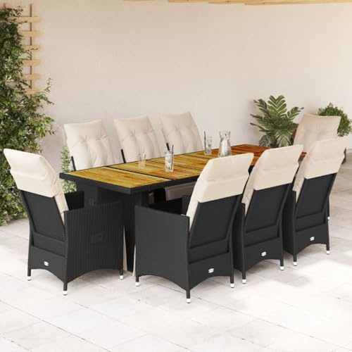 Ziaphsol Ensemble bistro de jardin de 9 pièces avec coussins, noir, en polyrotin, réglable, résistant aux intempéries, pour terrasse, balcon, salle à manger