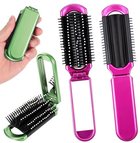 2 Pack Folding Hair Brush Portable Mini Folding Hairbrush with Mirror Compact Foldable Brush for Purse, Travel Hair Brushes for Women, Rose Red & Green