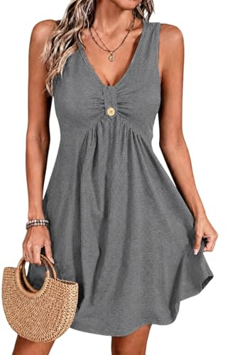 ROFUSSO Abiti Estivi da Donna 2026 Abito Senza Maniche con Scollo a V Abito Casual A-Line Canotta Mini Abiti da Spiaggia(Grigio,L)