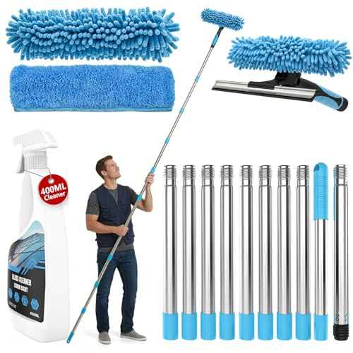 4.5M Fensterputzer Set mit 400ml Fensterreiniger, 2-in-1 Fensterabzieher mit Teleskopstange, Profi Fenster Reinigungsset Hocheffiziente Streifenfreie Reinigung für Hohe Fenster,Dusche,Spiegel,Autos