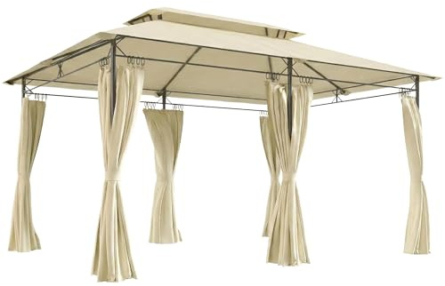 Outsunny Cenador de Jardín 4x3 m, Pabellón de Jardín Gazebo con Doble Techo, 6 Paredes Laterales, Estructura Metálica, Orificios de Drenaje, Carpa para Exterior, Terraza, Patio, Beige