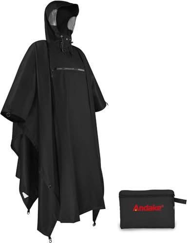 Andake Rain Poncho Lightweight Raincoat Unisex Rain Jacket with Waterproof Hood for Camping, Hiking, Outdoor Activities (Black)