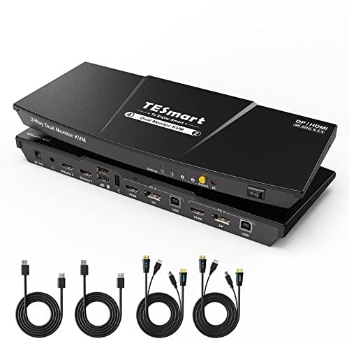 TESmart HDMI+DP 4K@60Hz KVM Switch, for 2 Computers 2 Monitor | HDMI & DisplayPort Inputs w/EDID Emulator | USB Hub, L/R Audio | Hotkey/IR/Button Switching | 2 Display Modes | Zero Delay K&M