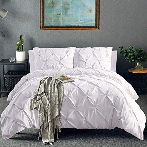 CoutureBridal Weiß Bettwäsche 220x240cm Luxus Pintuck Plisseefalten Mikrofaser Wendebettwäsche Set Uni Doppelbett Bettbezug mit Reißverschluss und 2 Kissenbezug 80x80cm