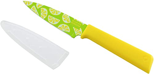 Kuhn Rikon Colori+ Non-Stick Straight Paring Knife with Safety Sheath, 4 inch/10.16 cm Blade, Funky Fruit Citrus