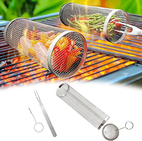 Rullande grillkorg med gaffel och handtag, rostfritt stål BBQ rotisserie korg set, utomhus rullkorg för blandad grillning, grönsaker, pommes frites, räkor, kycklingvingar
