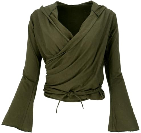 GURU SHOP T-shirt enroulé, T-shirt de yoga, T-shirt à manches longues avec manches évasées, pour femme, en coton, vert olive, 42