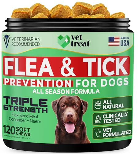 Flea and Tick Prevention for Dogs Chewables -Made in USA- Natural Dog Flea and Tick Treatment - Oral Flea Pills - Vet Recommended Flea and Tick Chews - All Breeds & Sizes - 120 Soft Treats (Chicken)