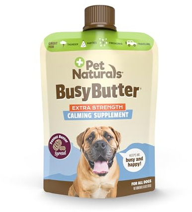 Pet Naturals BusyButter Extra Strength Calming Peanut Butter with Melatonin for Dogs, Easy-Squeeze Pouch - Great for Treats, Lick Mats, Training, Calming, and Enrichment Toys, 6 oz
