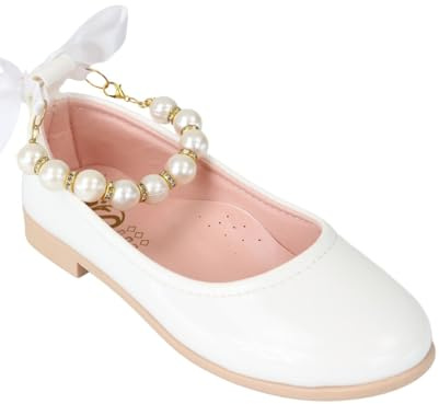 SIRRI Elegant Girls' Patent White Mary Jane Flats with Pearl Detail and Ribbon - Perfect for Special Occasions Size UK Youth 2.5