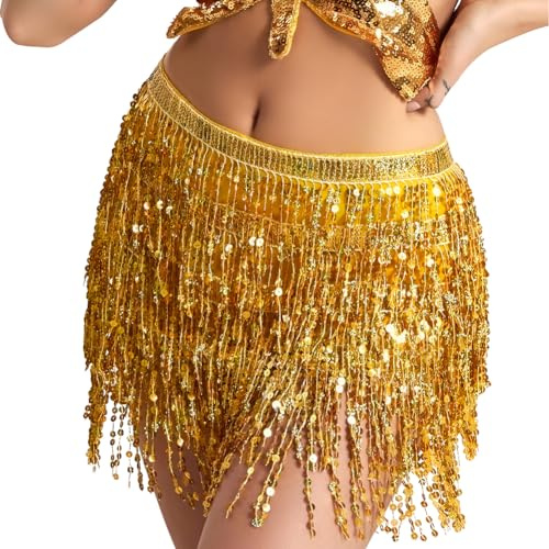 XGOPTS Dam magdanskjol tofs paljettkjol glittrande frans höft scarf festival outfit rave glitter minikjol dans kostym hip wrap för klubbkläder strand musik festival, gUL, L