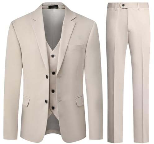 Allthemen Bröllopsdräkter för män, 3 delar, 2 knappar, elastisk, business formell, enfärgad, Beige färg, XS
