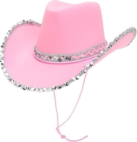 Toyland® Chapeau de cowboy rose 38 cm (15) avec bordure à paillettes argentées - Festivals, concerts, déguisements et accessoires pour enterrement de vie de jeune fille - 3 couleurs disponibles