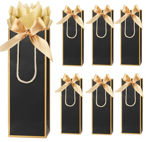 6 Pack Wine Gift Bags With Tissue Paper,Black & Gold,33X12X10CM | Paper Bottle Bags with Bow Ribbon for Men Women's Birthday Wedding Christmas Retirement Party Supplies