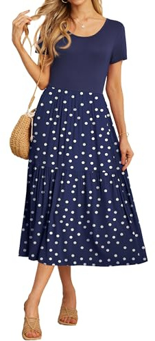 GRECERELLE Maxi Dresses for Women UK Summer Short Sleeve Crew Neck Swing Flowy Tiered Party Dress with Pockets for Weddings, Holidays (Polka Dots White Navy, XL)
